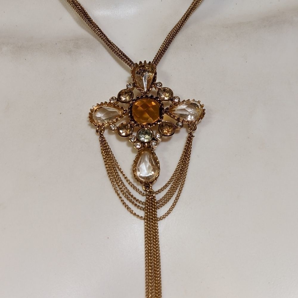 Gorgeous vintage amber & clear crystal & rhinestones gold tassel chain necklace